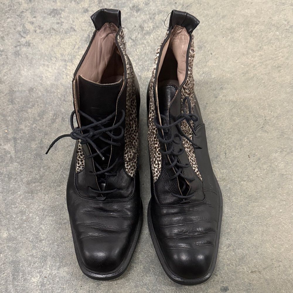 Neiman Marcus Black and Animal Print Lace-Up Boots